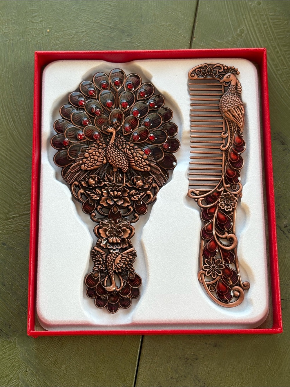 Ornate Peacock Hand Mirror and Comb Set - Copper with Red Accents